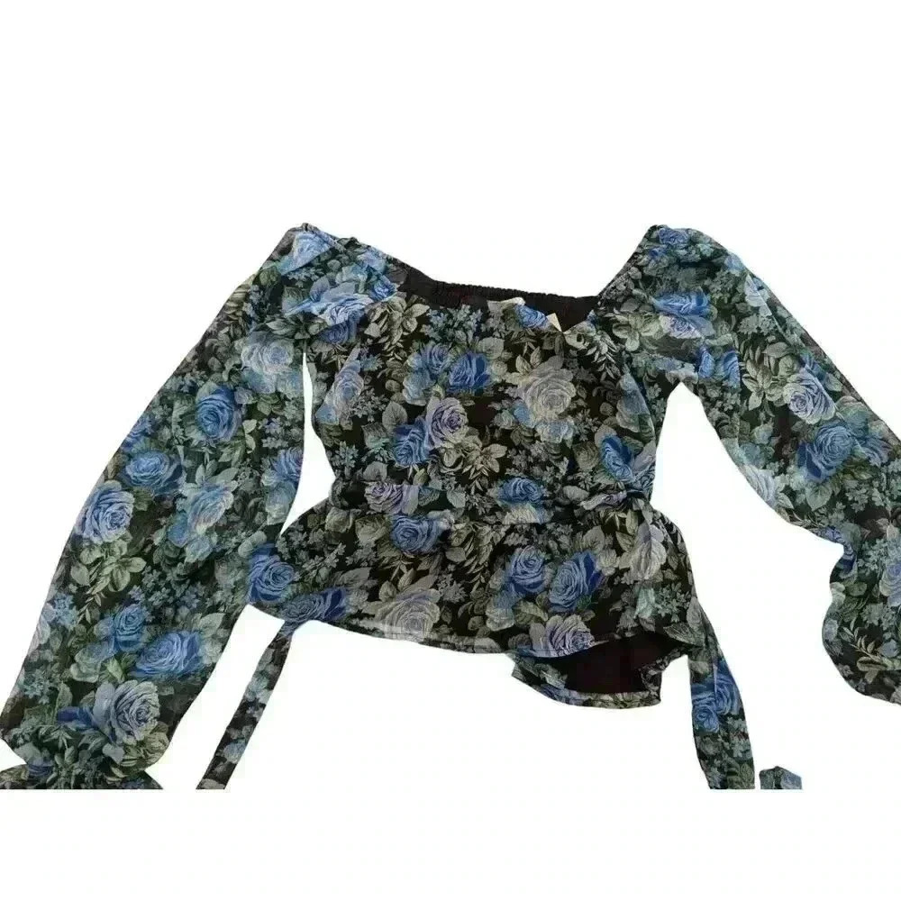 NWT WAYF Womens Long Sleeve Off The Shoulder Tie Floral Blouse Multicolor Size M